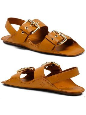 FREE PEOPLE Blossom Buckle Flat SANDALS Size 9 Tan Brown Leather NEW $138